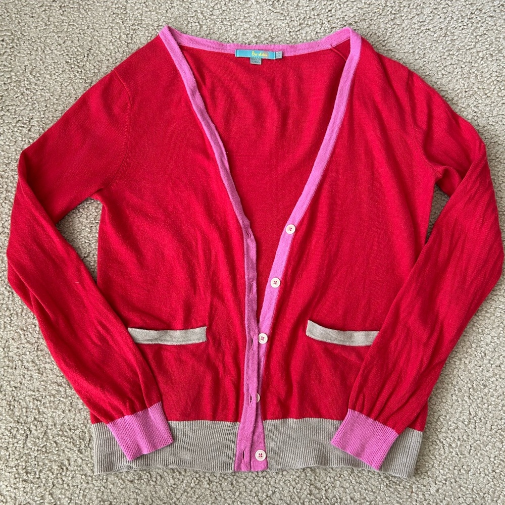 Boden Women's Red Pink Tan Colorblock Cardigan Sweater Cotton Cashmere